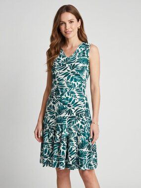 NWOT | Teal & White Tropical Leaf Print V-Neck Dress with Pockets | Medium